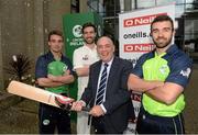 27 April 2016; Cricket Ireland have launched an ambitious five-year plan to become a mainstream sport, with the goal of taking the game to new audiences and beginning to rival the popularity of football, rugby and GAA by 2020. The KPC Group were unveiled at the event as main team sponsor for the next three years as well as headline sponsor of the forthcoming home series against Sri Lanka and Pakistan, and the prestigious Cricket Ireland Awards. In further good news at the event, Irish sports company O'Neills are putting their shirts on further success for the Ireland cricket team by extending their sponsorship deal for a further four years to the end of the decade. Cricket Ireland and O’Neills also revealed plans for an exciting new joint venture between both parties to launch a new online store where people can buy replica kit, leisure wear and cricket equipment and accessories. For more information please see www.cricketireland.ie. Pictured at the launch of the Cricket Ireland Strategic Plan are Kieran Kennedy, Managing Director of O'Neills sportswear, centre, and Ireland Cricketers Andy McBrine, Andrew Balbirnie and  Stuart Thompson. Ulster University Jordanstown, Belfast, Co. Antrim. Picture credit: Oliver McVeigh / SPORTSFILE