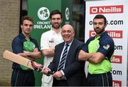 27 April 2016; Cricket Ireland have launched an ambitious five-year plan to become a mainstream sport, with the goal of taking the game to new audiences and beginning to rival the popularity of football, rugby and GAA by 2020. The KPC Group were unveiled at the event as main team sponsor for the next three years as well as headline sponsor of the forthcoming home series against Sri Lanka and Pakistan, and the prestigious Cricket Ireland Awards. In further good news at the event, Irish sports company O'Neills are putting their shirts on further success for the Ireland cricket team by extending their sponsorship deal for a further four years to the end of the decade. Cricket Ireland and O’Neills also revealed plans for an exciting new joint venture between both parties to launch a new online store where people can buy replica kit, leisure wear and cricket equipment and accessories. For more information please see www.cricketireland.ie. Pictured at the launch of the Cricket Ireland Strategic Plan are Kieran Kennedy, Managing Director of O'Neills sportswear, centre, and Ireland Cricketers Andy McBrine, Andrew Balbirnie and  Stuart Thompson. Ulster University Jordanstown, Belfast, Co. Antrim. Picture credit: Oliver McVeigh / SPORTSFILE