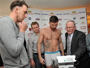 14 May 2010; Andy Lee, alongside, from left, his brother Roger, promoter Brian Peters and Boxing Union of Ireland official Tony Lee, during the weigh-in ahead of his Yanjing Fight Night bout against Mamadou Thiam on Satuday night in Limerick. The George Hotel, Limerick. Picture credit: Diarmuid Greene / SPORTSFILE