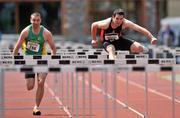 16 May 2010; Adrian Jackman, Menapians AC, on his way to winning the Men's 110m Hurdles from Ger Cremin, 786. Woodie’s DIY AAI Games and Relay Championship, Castleisland, Co. Kerry. Picture credit: Diarmuid Greene / SPORTSFILE