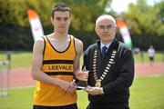 16 May 2010; Patrick Maher, Leevale AC, is presented with the Crowne Plaza Athlete of the Month award by Liam Hennessy, President of Athletics Ireland. Woodie’s DIY AAI Games and Relay Championship, Castleisland, Co. Kerry. Picture credit: Diarmuid Greene / SPORTSFILE