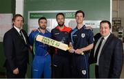 29 April 2016; Clive Gilmore, CEO Hanley Energy, North West Warriors’ Stuart Thompson, Northern Knights’ Nigel Jones, Leinster Lightning’s George Dockrell and Dennis Nordon, MD Hanley Energy, at the launch of the 2016 Hanley Energy Inter-Provincial Series at Hanley Energy’s headquarters in Stamullen, Co. Meath. The 2016 Hanley Energy Inter-Provincial Series gets underway on Monday May 2nd, with the Northern Knights taking on the Leinster Lightning at Stormont in the Hanley Energy Inter-Provincial 50-over Cup. A full list of fixtures are available on www.cricketireland.ie. Hanley Energy, City North Business Park, Co. Meath. Picture credit: Oliver McVeigh / SPORTSFILE