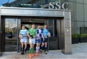 29 April 2016; Pictured at the launch of Sports Surgery Clinic’s pilot study to assess the effects of rehabilitation post concussion in adolescent rugby players and the development of a Concussion Passport screening service are Senior cup players from left, Liam Turner, Blackrock College, Micheál O'Kennedy, Gonzaga College, Jordan Larmour, St Andrews College, and Scott Penny, St Michael's College. Sports Surgery Clinic, Santry Demesne, Dublin 9.  Picture credit: Piaras Ó Mídheach / SPORTSFILE