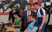 29 April 2016; Pictured at the launch of Sports Surgery Clinic’s pilot study to assess the effects of rehabilitation post concussion in adolescent rugby players and the development of a Concussion Passport screening service is, from left, Colm Fuller, lead musculoskeletal physiotherapist at Sports Surgery Clinic, Micheál O'Kennedy, Gonzaga College, Liam Turner, Blackrock College, Dr Ciaran Cosgrave, Consultant in Sports & Exercise Medicine at Sports Surgery Clinic and lead doctor for Leinster Rugby, Scott Penny, St Michael's College, and Jordan Larmour, St Andrews College. Sports Surgery Clinic, Santry Demesne, Dublin 9.  Picture credit: Piaras Ó Mídheach / SPORTSFILE