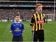 24 April 2016; Rauirí Griffin, left, Co. Cavan, reading a line of the Proclamation during the Laochra entertainment performance after the Allianz Football League Final. Allianz Football League Finals, Croke Park, Dublin.  Picture credit: Brendan Moran / SPORTSFILE