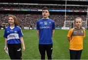 24 April 2016; Patrick Loughlin, centre, Co. Longford, reading a line of the Proclamation during the Laochra entertainment performance after the Allianz Football League Final. Allianz Football League Finals, Croke Park, Dublin.  Picture credit: Brendan Moran / SPORTSFILE