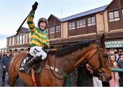 29 April 2016; Jockey Nina Carberry celebrates after winning the Racing Post Champion Hunters Steeplechase on On The Fringe. Punchestown, Co. Kildare. Picture credit: Cody Glenn / SPORTSFILE