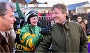 29 April 2016; A tearful Trainer Enda Bolger shakes hands with Owner J.P. McManus alongside Jockey Nina Carberry in the winner's enclosure after winning the Racing Post Champion Hunters Steeplechase on On The Fringe. Punchestown, Co. Kildare. Picture credit: Cody Glenn / SPORTSFILE