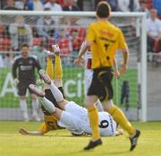 21 May 2010; Mark Quigley, Bohemians, clashes with Gareth Coughlan, St Patrick's Athletic which resulted in the St Patrick's Athletic player being removed from the ground by ambulance. Airtricity League Premier Division, St Patrick's Athletic v Bohemians, Richmond Park, Inchicore, Dublin. Picture credit: David Maher / SPORTSFILE