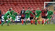 1 May 2016; Ronan Barrett, centre, Ballincollig, celebrates with teammates after scoring his side's first goal. FAI Umbro Youth Cup Final, Ringmahon Rangers v Ballincollig, Turners Cross Stadium, Cork. Picture credit: David Maher / SPORTSFILE