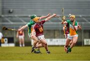 1 May 2016; Darragh Egerton, Westmeath, in action against Paddy Rigney, left, and Pat Camon, Offaly. Leinster GAA Hurling Championship Qualifier, Round 1, Westmeath v Offaly, TEG Cusack Park, Mullingar, Co. Westmeath. Photo by Sportsfile