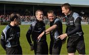 30 April 2016; Officials, from left, David Coldrick, Padraig Hughes, Rory Hickey and Séamus Mulhare share a joke before the game. EirGrid GAA Football Under 21 All-Ireland Championship Final, Cork v Mayo. Cusack Park, Ennis, Co. Clare. Picture credit: Piaras Ó Mídheach / SPORTSFILE