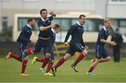 4 May 2016; France players including Jessy Trinite and captain Cedric Rossignol celebrate after Abdellah Asbabou scored the winning penalty in the penalty shootout to victory over Republic of Ireland. Defence Forces European Championships Qualifier, Republic of Ireland v France. Mervue Park, Galway. Picture credit: Diarmuid Greene / SPORTSFILE