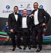 4 May 2016; Conor Brennan, CEO of Zurich, with Rob Kearney, left, Chairman of IRUPA, and Omar Hassanein, right, CEO, IRUPA, in attendance at the Zurich IRUPA Rugby Player Awards 2016. Hilton by Double Tree, Dublin. Picture credit: Matt Browne / SPORTSFILE