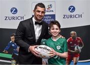 4 May 2016; Rob Kearney, Chairman of IRUPA, with 14 year old Dara Brennan, from Clontarf, Dublin, in attendance at the Zurich IRUPA Rugby Player Awards 2016. Hilton by Double Tree, Dublin. Picture credit: Matt Browne / SPORTSFILE