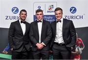 4 May 2016; Garry Ringrose with Rob Kearney, left, Chairman of IRUPA, and Josh van der Flier, right, in attendance at the Zurich IRUPA Rugby Player Awards 2016. Hilton by Double Tree, Dublin. Picture credit: Matt Browne / SPORTSFILE