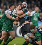 7 May 2016; Josh Strauss, Glasgow Warriors, is tackled by Bundee Aki, left, Kieran Marmion, centre, and Sean O’Brien, Connacht. Guinness PRO12, Round 22, Connacht v Glasgow Warriors. Sportsground, Galway. Picture credit: Seb Daly / SPORTSFILE