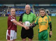 7 May 2016; Referee Keith Delahunty with team captains Jennifer Rogers, Westmeath, left, and Niamh Hegarty, Donegal, before the game. Lidl Ladies Football National League, Division 2, Final, Donegal v Westmeath. Parnell Park, Dublin. Picture credit: Piaras Ó Mídheach / SPORTSFILE