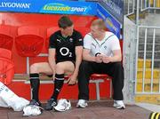 3 June 2010; Ireland captain Ronan O'Gara in conversation with team-mate Keith Earls before the squad captain's run ahead of their match against the Barbarians on Friday. Ireland Rugby Squad Captain's Run, Thomond Park, Limerick. Picture credit: Diarmuid Greene / SPORTSFILE