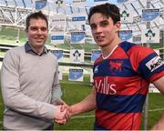 8 May 2016; Joseph Carbery, Clontarf, being presented with the Man of the Match award by Gary Prior, branch manager Ulster Bank, Malahide, Co.Dublin. Man of the Match at Clontarf v Cork Constitution - Ulster Bank League Division 1A Final. Aviva Stadium, Lansdowne Road, Dublin. Picture credit: David Maher / SPORTSFILE