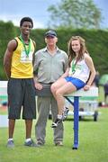 5 June 2010; Athletics coach Des Doyle, with two of the athletes he coaches, Seye Ogunlewe, of King's Hospital, Dublin, winner of the Senior Boys 100 and 200m, and Christine Campion, St Wolstans, CS, Celbridge, Co. Kildare, during the Woodie’s DIY Irish Schools’ Track and Field Championship. Tullamore Harriers Stadium, Tullamore, Co. Offaly. Picture credit: Brendan Moran / SPORTSFILE