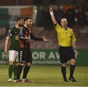 10 May 2016; Referee Robert Rogers shows a red card to Mark Quigley, Bohemians. SSE Airtricity League, Premier Division, Bohemians v Cork City. Dalymount Park, Dublin. Picture credit: David Maher / SPORTSFILE