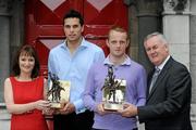 9 June 2010; Eileen Maher, Vodafone Ireland Fixed Services Director, and Uachtarán CLG Criostóir Ó Cuana with Cork's Aisake Ó hAilpín, second from left, and Down's Benny Coulter, winners of the Vodafone GAA Player of the Month Award for May in hurling and football respectively. Westbury Hotel, Dublin. Picture credit: Brian Lawless / SPORTSFILE