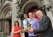 9 June 2010; Eileen Maher, Vodafone Ireland Fixed Services Director, and Uachtarán CLG Criostóir Ó Cuana with Cork's Aisake Ó hAilpín, second from left, and Down's Benny Coulter, winners of the Vodafone GAA Player of the Month Award for May in hurling and football respectively. Westbury Hotel, Dublin. Picture credit: Brian Lawless / SPORTSFILE