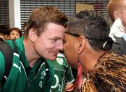 10 June 2010; Ireland captain Brian O'Driscoll 'hongis' at a Maori welcome at the airport on their arrival in New Plymouth ahead of their match against New Zealand on Saturday. New Plymouth Airport, New Plymouth, New Zealand. Picture credit: David Rowland / SPORTSFILE