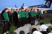 10 June 2010; Ireland players and officials are met by a Haka, from the New Plymouth Boys High School, on their arrival in New Plymouth ahead of their match against New Zealand on Saturday. New Plymouth Airport, New Plymouth, New Zealand. Picture credit: Ross Setford / SPORTSFILE