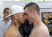 10 June 2010; Paul McCloskey, right, and Giuseppe Lauri come head to head during the weigh-in ahead of their Yanjing Fight Night European Light Welterweight title bout on Friday night. The Park Plaza Hotel, Aldergrove, Belfast, Co. Antrim. Picture credit: Oliver McVeigh / SPORTSFILE