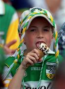 17 June 2001; Padraig Walsh, age 9, from Rathangan, Kildare, enjoys a Cornetto Ice-Cream ahead of the Bank of Ireland Leinster Senior Football Championship Semi-Final match between Dublin and Offaly at Croke Park in Dublin. Photo by Ray McManus/Sportsfile
