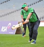 14 June 2010; At Croke Park were members of the Irish and Australian Cricket teams as they warmed up for their RSA One Day International Challenge Match in Clontarf on Thursday next, 17th June. Both teams were put through their paces as they under took a Long Poc competition under the guidance of hurling legend DJ Carey. The event, in association with RSA Insurance, the official sponsor of the Irish Cricket Team, Croke Park and Cricket Ireland, is the first of it's kind and saw the cricketers getting into the swing of things on the Croke Park pitch. Pictured is Kilkenny hurling legend DJ Carey trying out as a cricket batsman. Croke Park, Dublin. Picture credit: Brendan Moran / SPORTSFILE