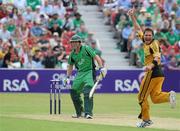 17 June 2010; Gary Wilson, Ireland, looks on having been bowled an LBW by Ryan Harris, Australia, for 4 runs. RSA One Day International Challenge Match, Ireland v Australia, Clontarf, Dublin. Picture credit: Brian Lawless / SPORTSFILE