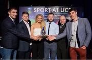 19 May 2016; UCD GAA Club members, from left, Conor O'Shea, Ben Cottrell, Ciara Murphy, Jack McCaffrey and Ed O'Byrne receive the 'Varsity Team of the Year Award' from  Prof. Andrew Deeks, UCD President, at the Bank of Ireland UCD Athletic Union Council Sport Awards ceremony in the UCD Student Centre. Over 500 students from over 30 different sports clubs were honoured for their sporting achievements on behalf of the University over the last twelve months. Astra Hall, Student Centre, UCD, Belfield, Dublin. Photo by Sam Barnes/Sportsfile