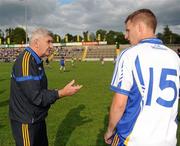 26 June 2010; Wicklow manager Mick O'Dwyer, has a word with Paul Earls during the pre match warm up. GAA Football All-Ireland Senior Championship Qualifier Round 1, Cavan v Wicklow, Kingspan Breffni Park, Cavan. Picture credit: Oliver McVeigh / SPORTSFILE