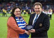 20 May 2016; Rachael O’Brien of Co. Carlow FC and Leinster Women’s PRO is presented with the Leinster Rugby PRO of the Year award by Leinster President Robert McDermott at the Guinness PRO12 Play-off match between Leinster and Ulster at the RDS Arena in Dublin. Photo by Stephen McCarthy/Sportsfile