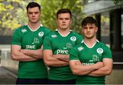 23 May 2016; From left, James Ryan, Jacob Stockdale and Bill Johnston of Ireland U20 during a press conference in PWC Head Office, Spencer Dock, Dublin. Photo by Sam Barnes/Sportsfile