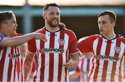 24 May 2016; Rory Patterson of Derry City celebrates after scoring his side's first goal with team-mates Josh Daniels, left, and Aaron McEniff, right, during the Irish Daily Mail FAI Cup Second Round Replay between Drogheda United and Derry City in United Park, Drogheda, Co. Louth. Photo by Sportsfile