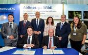 3 June 2016; Pictured, from left to right, front row, seated, are Peter Baumgartner, Chief Executive Officer of Etihad Airways, and Stefan Pichler, Chief Executive Officer of airberlin and left to right, top row, are Cramer Ball, Chief Executive Officer of Alitalia, Dane Kondić, Chief Executive Officer of Air Serbia, Tony Tyler, Director General IATA, Jane McKeon, Group Executive Government Relations Virgin Australia, Roy Kinnear, Chief Executive Officer of Air Seychelles, and Naomi Doak, United for Wildlife representative, at Ballsbridge, Dublin after the five Etihad Airways equity partners - Alitalia, airberlin, Air Serbia, Air Seychelles and Virgin Australia - signed the Declaration of the United for Wildlife International Taskforce on the Transportation of Illegal Wildlife Products at the 2016 IATA Annual General Meeting. RDS, Ballsbridge, Dublin. Photo by Cody Glenn/Sportsfile