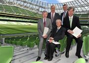 1 July 2010; The Irish Sports Council announced a package of €9.9 million to support the work of the GAA, FAI and IRFU in developing their sports with a particular empasis on increasing levels of participation by young people. At the announcement are, from left, GAA Director General Páraic Duffy, Ossie Kilkenny, Chairman of the Irish Sports Council, John Treacy, CEO, Irish Sports Council, Philip Browne, Chief Executive, Irish Rugby Football Union, and FAI Chief Executive John Delaney. Aviva Stadium, Lansdowne Road, Dublin. Picture credit: Brian Lawless / SPORTSFILE