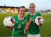 7 June 2016; Republic of Ireland's Aine O'Gorman, left, and Stephanie Roche, right, celebrate after scoring a hat-trick each by holding a match ball following the Women's 2017 European Championship Qualifier between Republic of Ireland and Montenegro in Tallaght Stadium, Tallaght, Co. Dublin. Photo by Seb Daly/Sportsfile