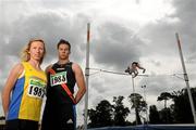 8 July 2010; Race walker Olive Loughnane, Loughrea AC, with 400m runner Brian Gregan, Clonliffe Harriers AC, as Tori Pena, Finn Valley AC, tries out the pole vault facilities at Morton Stadium ahead of this weekend's Woodie's DIY AAI National Senior Track & Field Championships. Morton Stadium, Santry, Dublin. Picture credit: Brendan Moran / SPORTSFILE