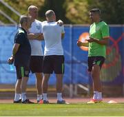 9 June 2016; Jonathan Walters of Republic of Ireland with backroom staff from left, Alan Byrne, team doctor, Tony McCarthy, physio and trainer Dan Horan during squad training at UEFA EURO2016 in Versailles, Paris, France. Photo by David Maher/Sportsfile