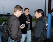 9 July 2010; Bohemians manager Pat Fenlon, right, speaks to journalists after the game was called off due to lights failure. Airtricity League Premier Division, Drogheda United v Bohemians, United Park, Drogheda, Co. Louth. Photo by Sportsfile