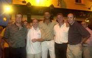 2 July 2001; Pictured at the official opening of Niall Quinn's pub &quot; The Local Bar&quot; on Queen St, Clonmel, Co. Tipperary, are from left, Joe Hayes, Michael Carruth, Niall Quinn, Nicky English and John Leahy, who performed the official opening. Republic of Ireland. Soccer. Hurling. Boxing. Picture credit; Ray McManus / SPORTSFILE *(EDI)*  .....** See story by Declan Varley **