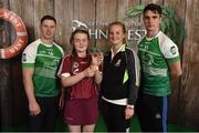 11 June 2016; 3rd place in the U14 Féile na nGael, Maeve Muldoon from Killimor GAA Club, Co. Galway, being presented her winners trophy by John West ambassadors, Philly McMahon, left, and Danny Sutcliffe and Edwina Keane, Kilkenny camogie player, at the John West Féile National Skills Star Challenge 2016, in the National Games Development Centre, Abbotstown, Dublin. Photo by Sportsfile