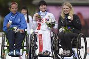 11 June 2016; Deirdre Mongan, right, originally from Milltown, Co. Galway, now living in Newcastle, Co. Down, F53 class, Paralympics Ireland Athletics pictured receiving her bronze medal alongside gold medalist Mariia Bogacheva, Russia, F54 class, and silver medalist Dimitra Korokida, Greece, F53 class, at the 2016 IPC Athletic European Championships in Grosseto, Italy