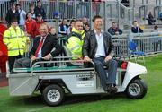 13 July 2010; Sunderland chairman Niall Quinn, right, and golf legend Christy O'Connor Junior, left, at half time. Friendly in Aid of Shane Geoghegan Trust, Munster XI v Sunderland AFC, Thomond Park, Limerick. Picture credit: Diarmuid Greene / SPORTSFILE