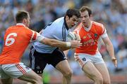 17 July 2010; Michael Darragh Mcauley, Dublin, in action against Ciaran McKeever and James Lavery, right, Armagh. GAA Football All-Ireland Senior Championship Qualifier Round 3, Dublin v Armagh, Croke Park, Dublin. Picture credit: Brian Lawless / SPORTSFILE